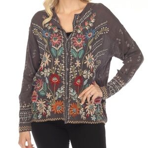 Johnny Was Cassia Button Down Floral Embroidered Blouse - Iron Steel